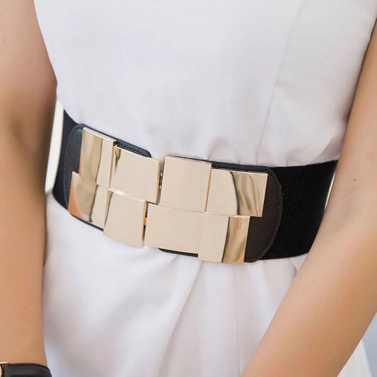 Square Geometric Design Elastic Wide Belt: Dress Belt for Women