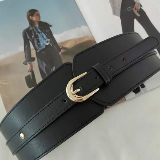 Chic Vintage Buckle Women's Wide Elastic Waist Belt - Luxurious and Fashionable Leather Accessory