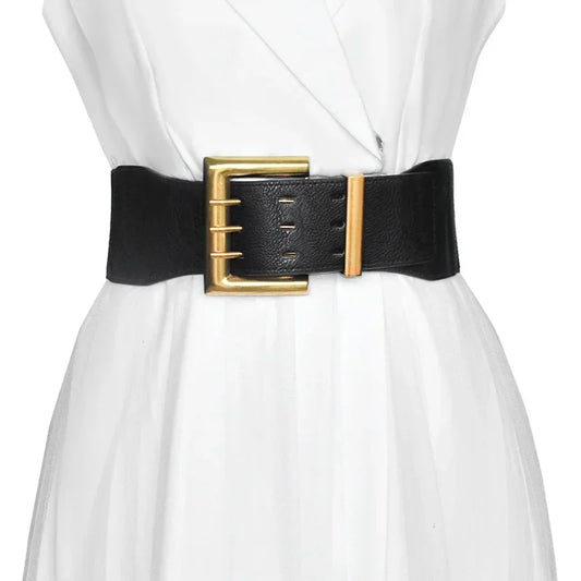 Retro Elastic Wide Belt with Gold Buckle: High-Quality Fashion Accessory for Women