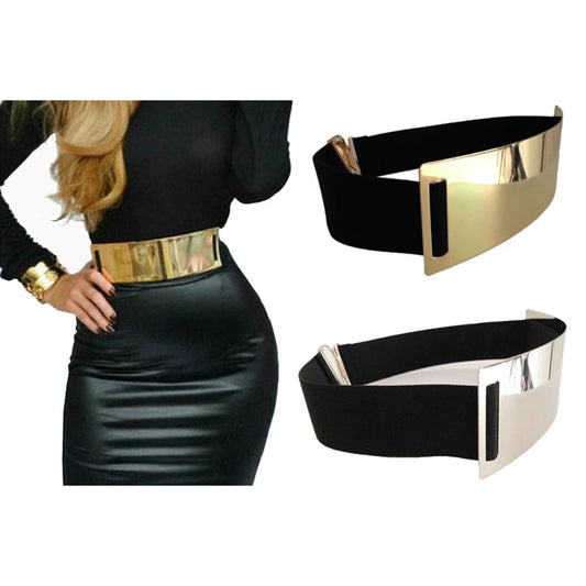 Sleek Wide-Mirrored Buckle Waist Belt for Women - With Fancy Reflective Design